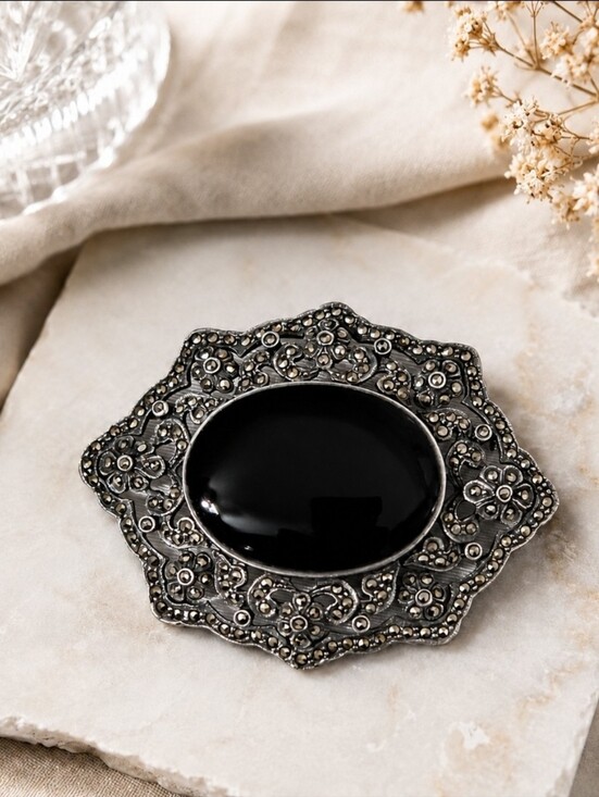 Source Unknown Jewelry - Vintage 925 Sterling Silver Black Onyx Marcasite Brooch Pin Thailand Art Deco
